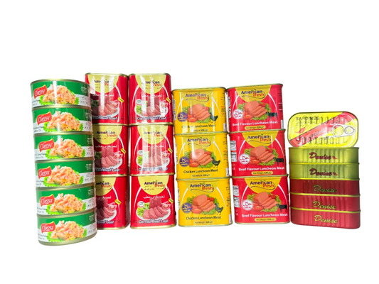 6 OF EACH ( LUNCHEON MEAT, TUNA, CORNED BEEF, SARDINES)