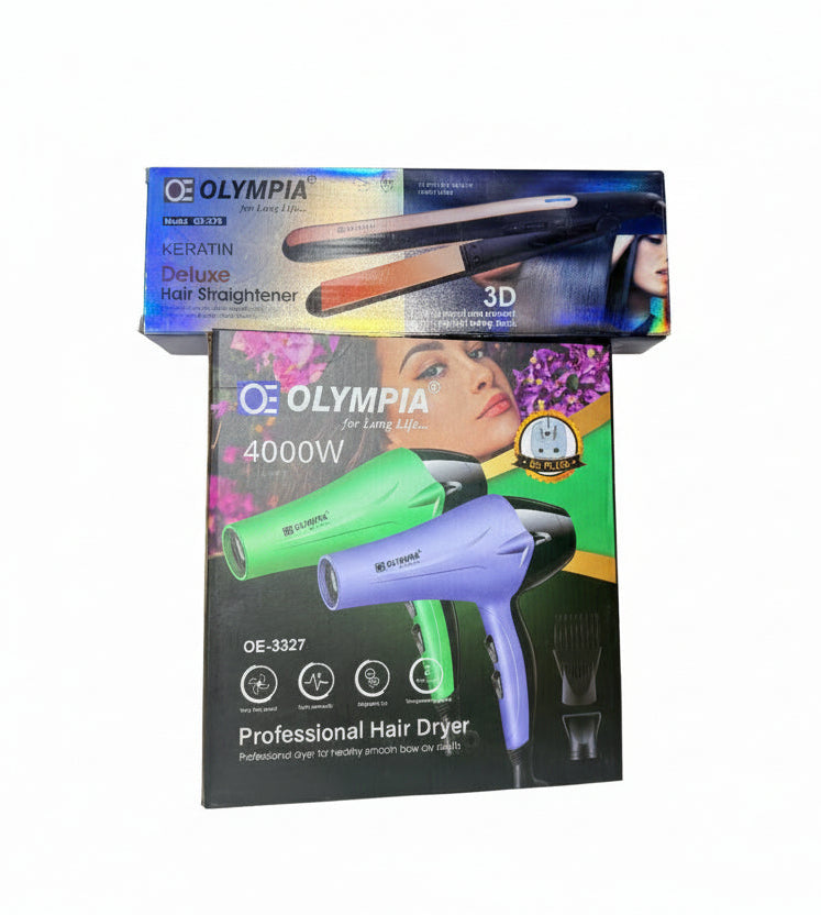 Olympia hair straightener and hair dryer packaging on a white background